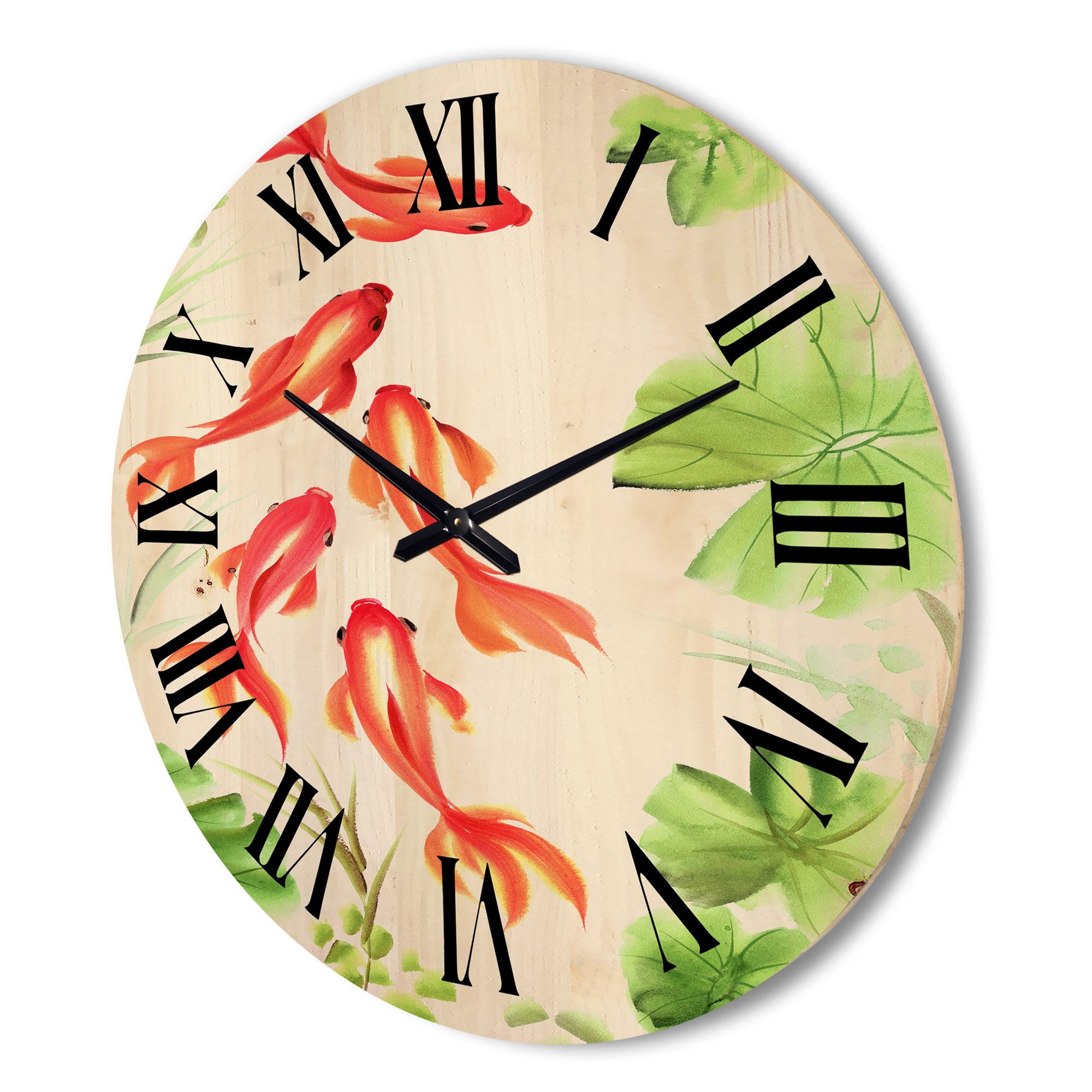 Designart 'Ancient Goldfishes Among The Lotus Leaves' Nautical & Coastal Wood Wall Clock