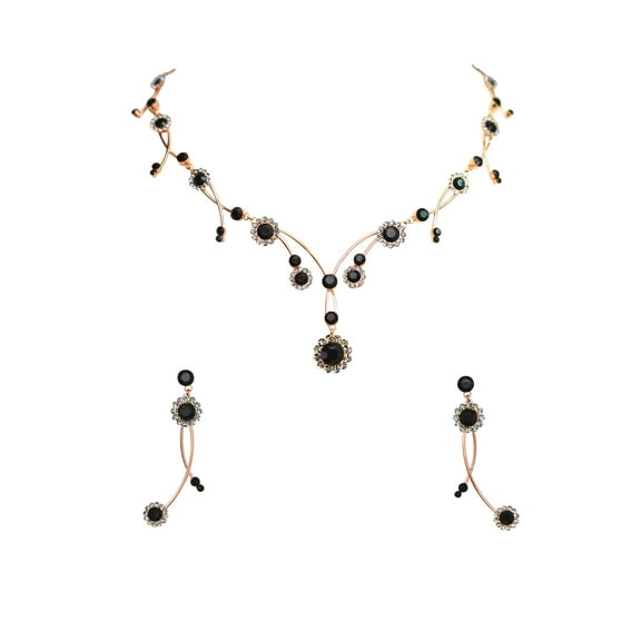 Faship Black Rhinestone Crystal Rose Gold Plated Floral Necklace Earrings Set