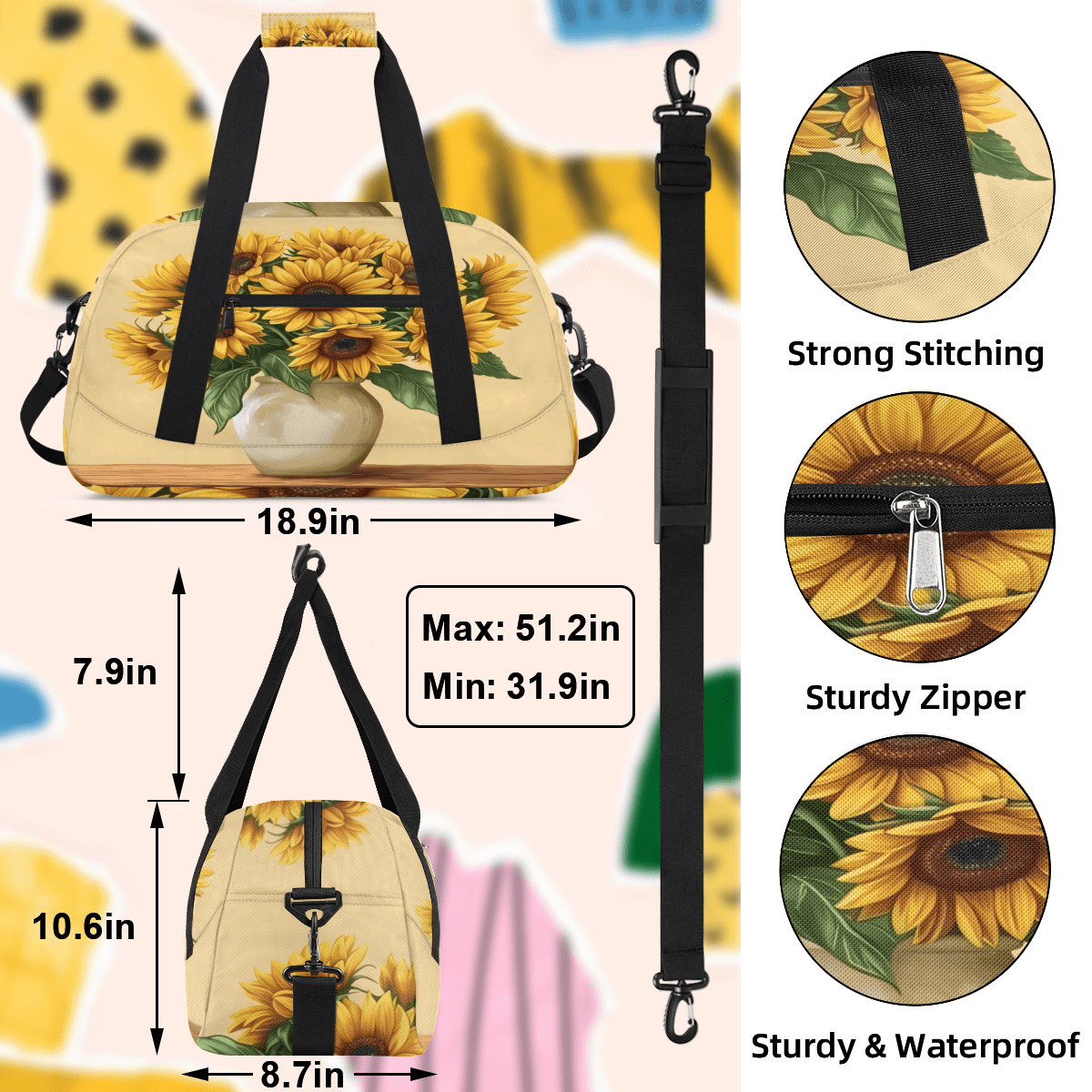 Herdesigns Sunflower Sports Duffle Bag for Women & Men, Yellow Flower Floral Gym Bag Dance Bag Overnight Bag Carry On Weekender Travel Bag