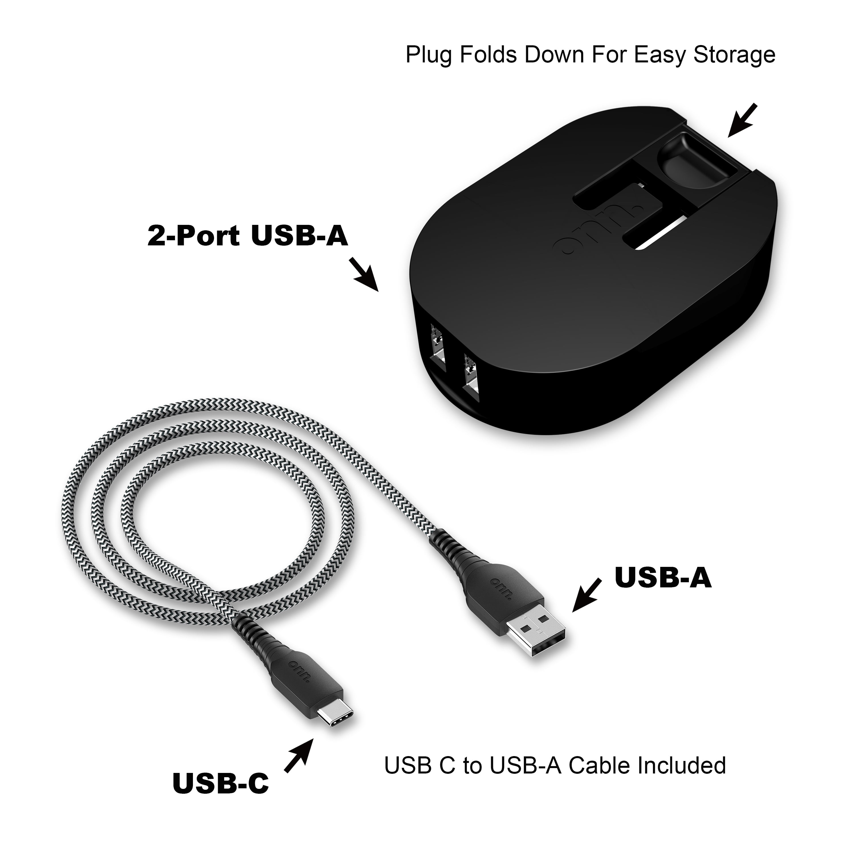 onn. Dual-Port Wall Charging Kit with USB-C to USB Cable