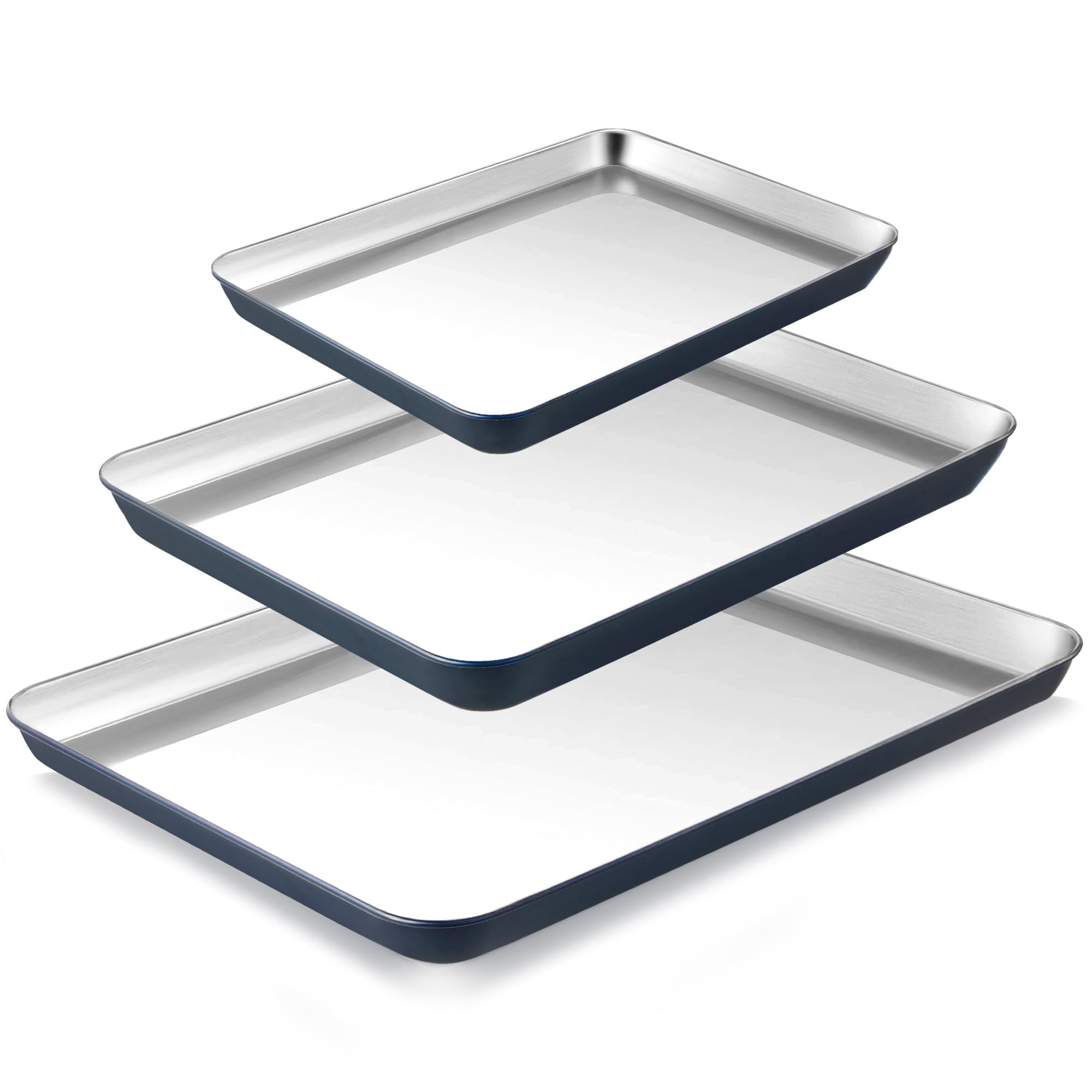 HONGBAKE Stainless Steel Baking Sheet Set of 3, Non Toxic Uncoated Cookie Sheets for Baking, Heavy Duty Baking Sheet Pans for Oven & Toaster, 9/12/16 Inch, Blue