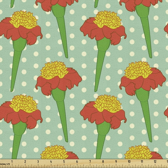 Floral Fabric by the Yard, Continuous Tagetes Flower Polka Dots Background, Decorative Upholstery Fabric for Chairs & Home Accents, Vermilion Fern Green by Ambesonne