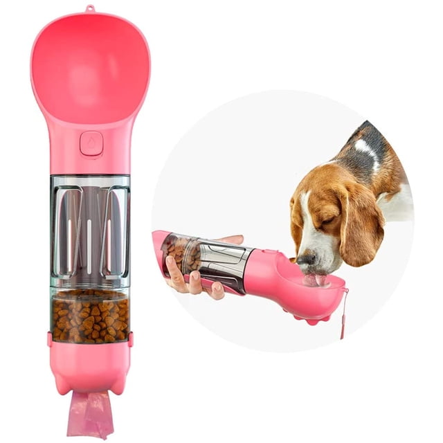 Botella de agua portátil para perros 4 en 1 con almacenamiento de alimentos, dispensador de bolsas para excrementos y cuchara, tamaño 300 ml, color rosa