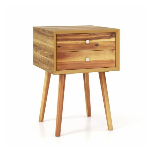 Mid-Century End Table with Drawers, Wooden Nightstand, Retro Side Table, Living Room Bedroom Furniture, 16"x16"x23.5", White/Brown/Natural