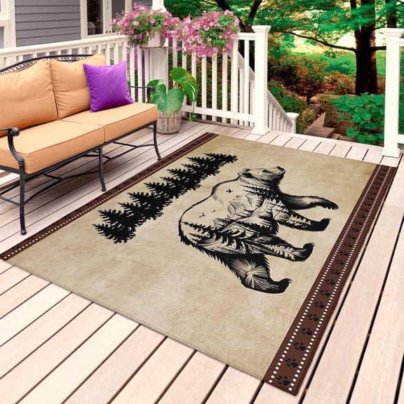 Brown Black Bear Outdoor Rug for Patio/Deck/Porch, Non-Slip Large Area Rug 3 x 5 Ft, Farmhouse Cabin Forest Vintage Indoor Outdoor Rugs Washable Area Rugs, Reversible Camping Rug Carpet Runner