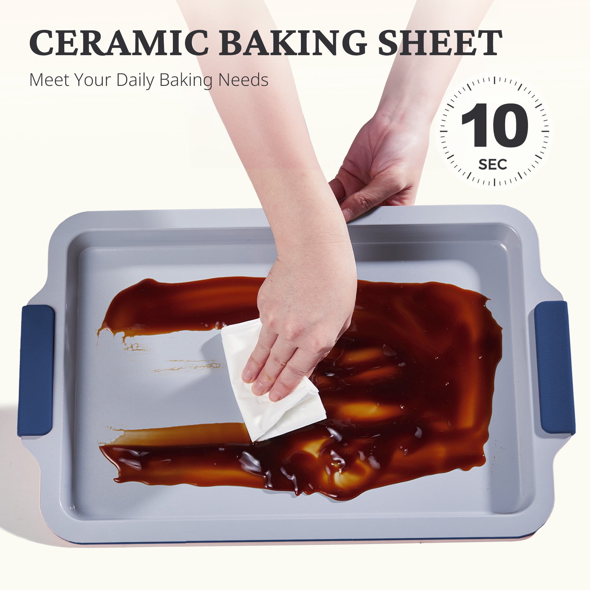 HONGBAKE Non Toxic Ceramic Cookie Sheets for Baking, 3-piece Non Stick Baking Sheet Pans for Oven, Heavy Duty Aluminized Steel Baking Pans Set with Silicone Handles -Navy