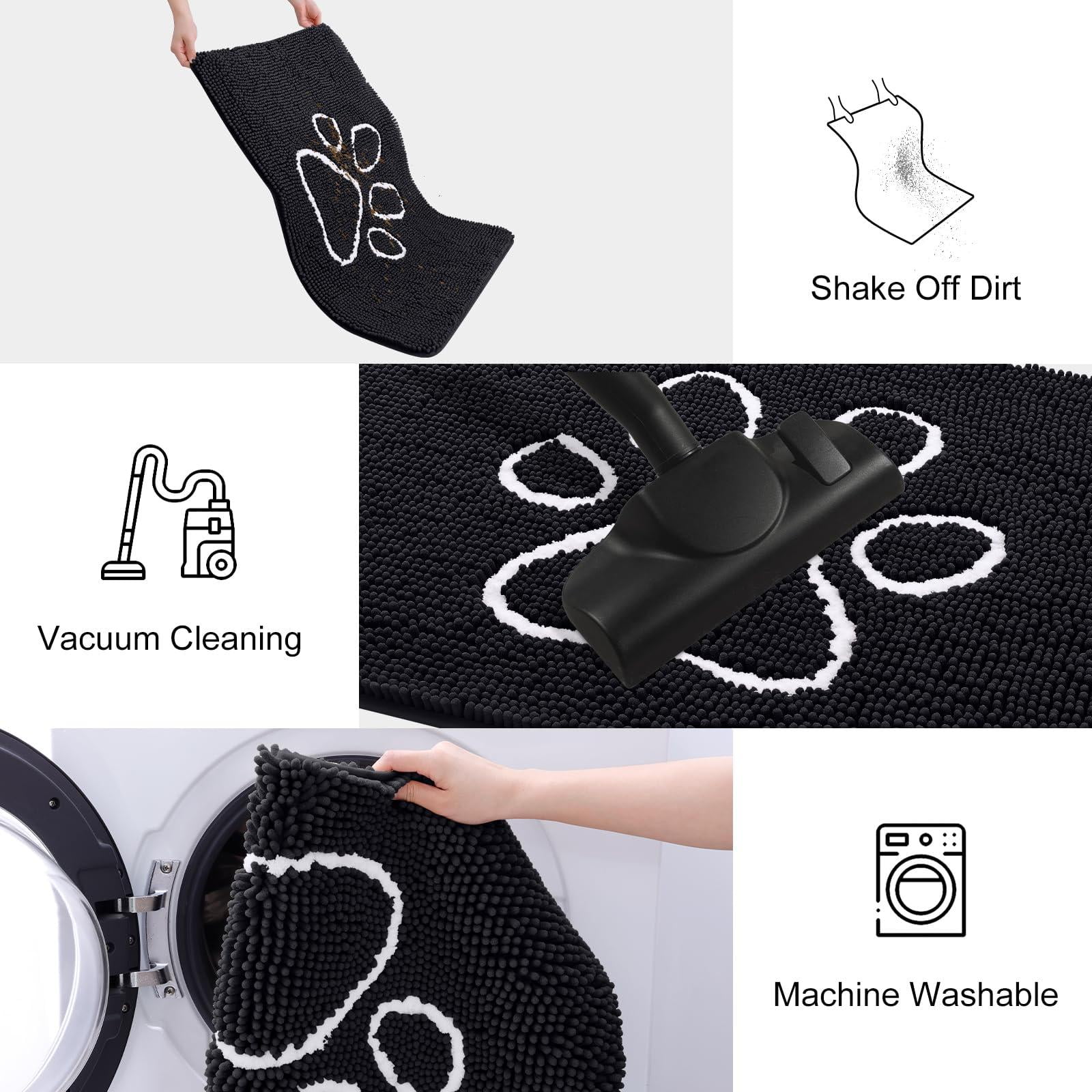 Buganda Dog Door Mats for Muddy Paws, Washable Dirt Trapper Front Door Rugs, Non-Slip Absorbent Chenille Indoor Doormats(30"x20", Black)