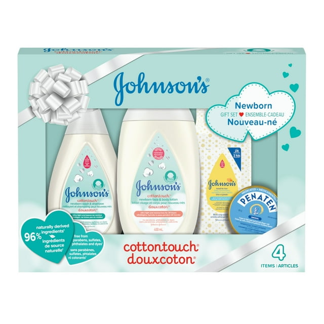 Johnson's Cottontouch Ensemble-Cadeau pour Nouveau-Né, Lotion pour le Visage & le Corps, Gel Lavant & Shampooing, Lavettes pour Bébé, Penaten Crème, 4 Produits