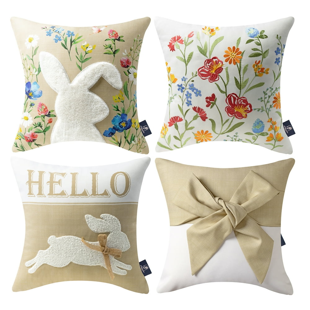 Phantoscope Happy Easter Series Embroidered Bunny with Bowknot Spring Decorative Throw Pillow