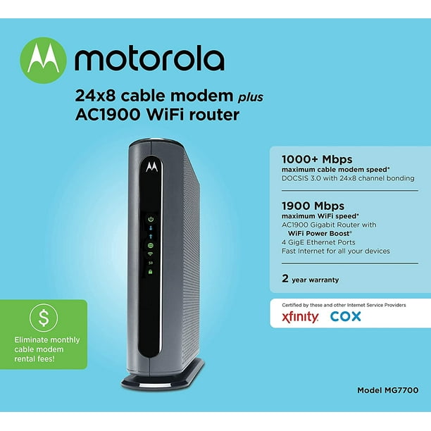 mineral Min software Motorola MG7700 Modem WiFi Router Combo with Power Boost | Approved by Comcast Xfinity, Cox and Spectrum | for Cable Plans Up to 800 Mbps | DOCSIS 3.0 + Gigabit Router - Walmart.com mineral Min software Motorola MG7700 Modem WiFi Router Combo with Power Boost | Approved by Comcast Xfinity, Cox and Spectrum | for Cable Plans Up to 800 Mbps | DOCSIS 3.0 + Gigabit Router - Walmart.com