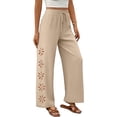 thumbnail image 5 of VBVC Women's Drawstring Cotton-Linen Pants,Floral Cutout Wide Leg Trousers For Women,Ladies Lightweight Boho Beachwear with Pockets,Beige,S-2XL, 5 of 7