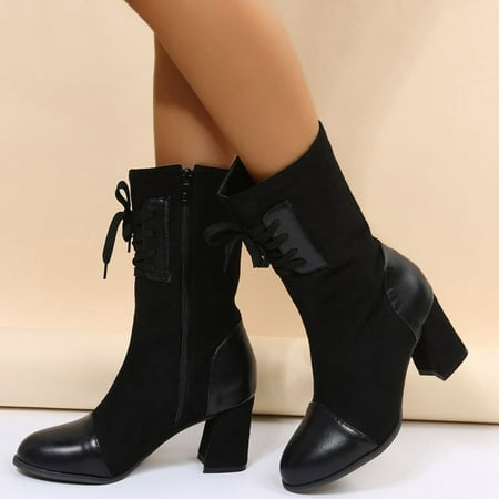 

Juebong Christmas Deals Women s Medium Tube Chunky High Heel Stitched Suede Pointed Toe Side Zipper PU Leather Boots 4.5 Black