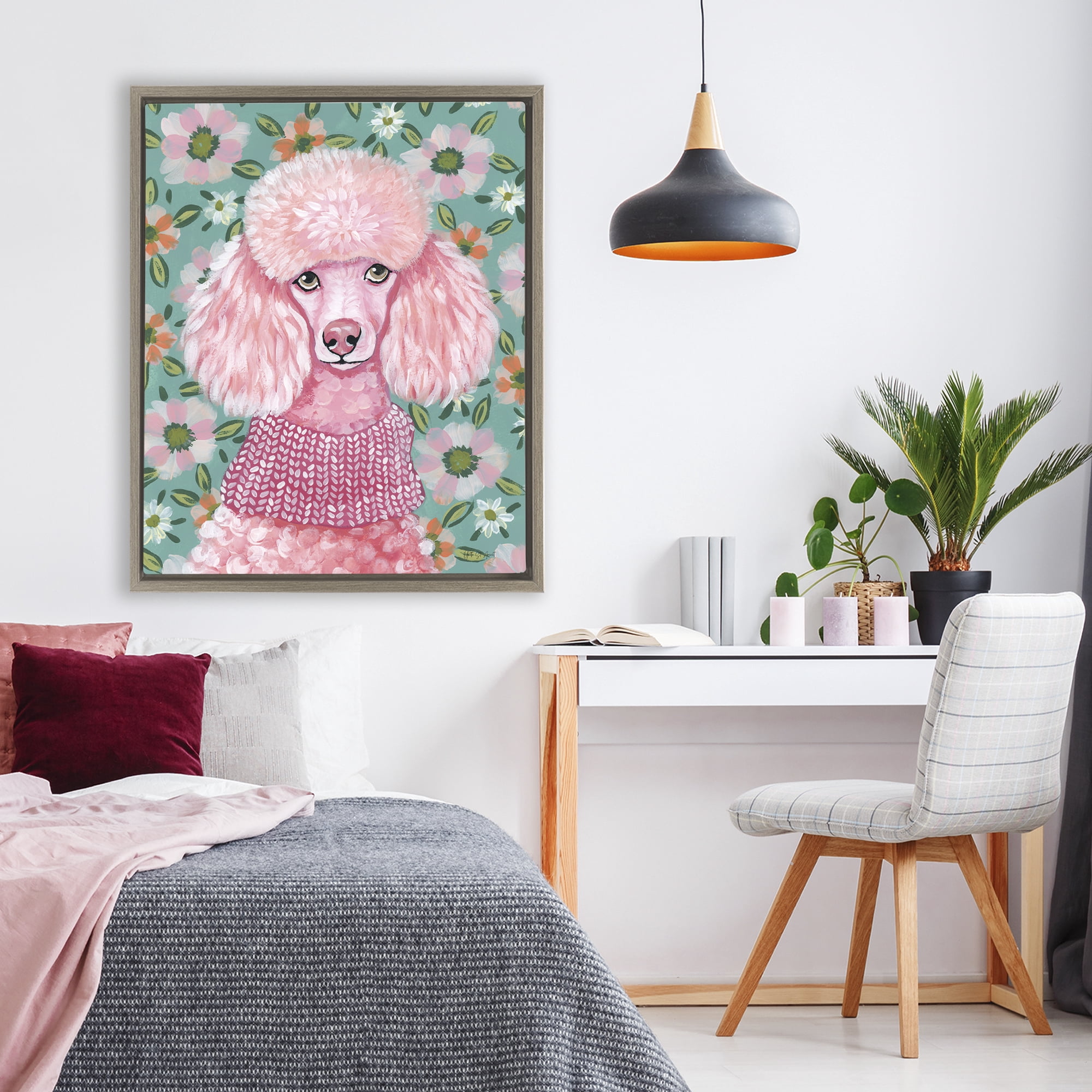 Stupell Industries Floral Poodle In Pink Brown Framed Floater Canvas Wall Art, design by Yvette St. Amant