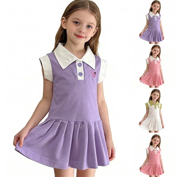 HAOTAGS Girls Polo Dresses Size 10-12,Sleeveless Notched Collar Solid Color Summer Dress for Toddler to Teen Purple