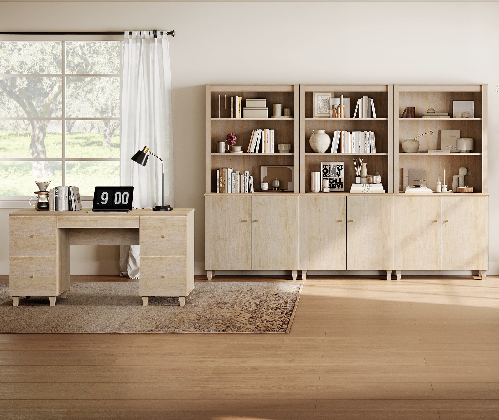 WAMPAT Home Office Furniture Set, 58" Executive Desk with Charging Station and Drawers,3-Column 71" Tall Bookcase with Doors and Adjustable Shelves for Living Room,Natural Oak