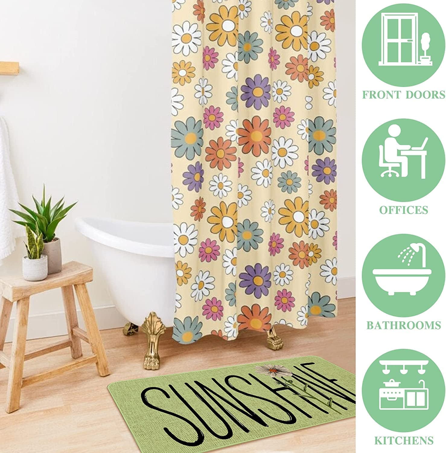 Sunhine Spring Decor Door Mat - Green Farmhouse Welcome Summer Mats Outdoor Colorful Flowers Doormat Non Slip Rubber Floral Decorative Front Door Mats Indoor Rug 17" x 30"