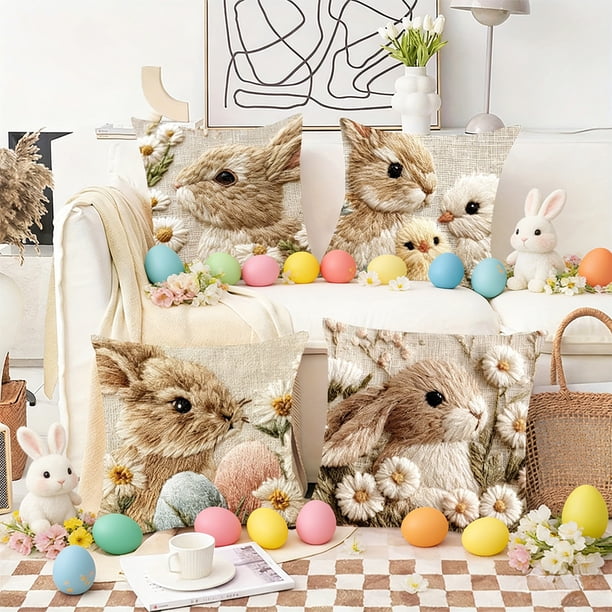 Funda de Almohada con Diseño de Conejito de Pascua con Bordado Falso y Estampado de Animales. Funda de Cojín para Sofá.