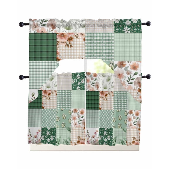 Boho Spring Floral Swag Curtains for Living Room/Bedroom Windows, Retro Flowers Plants Patchwork Grid Green Kitchen Curtains and Valances Set 36 Inch Length, Swags Valance Curtain Panels