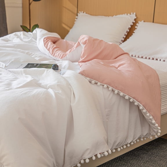 Pink Comforter Set Queen Pom Pom Bedding Soft Breathable 3 Pcs Fluffy Comforter Bed Set for All Seasons White and Pink Reversible Boho Bedding Set Aesthetic Room Decor