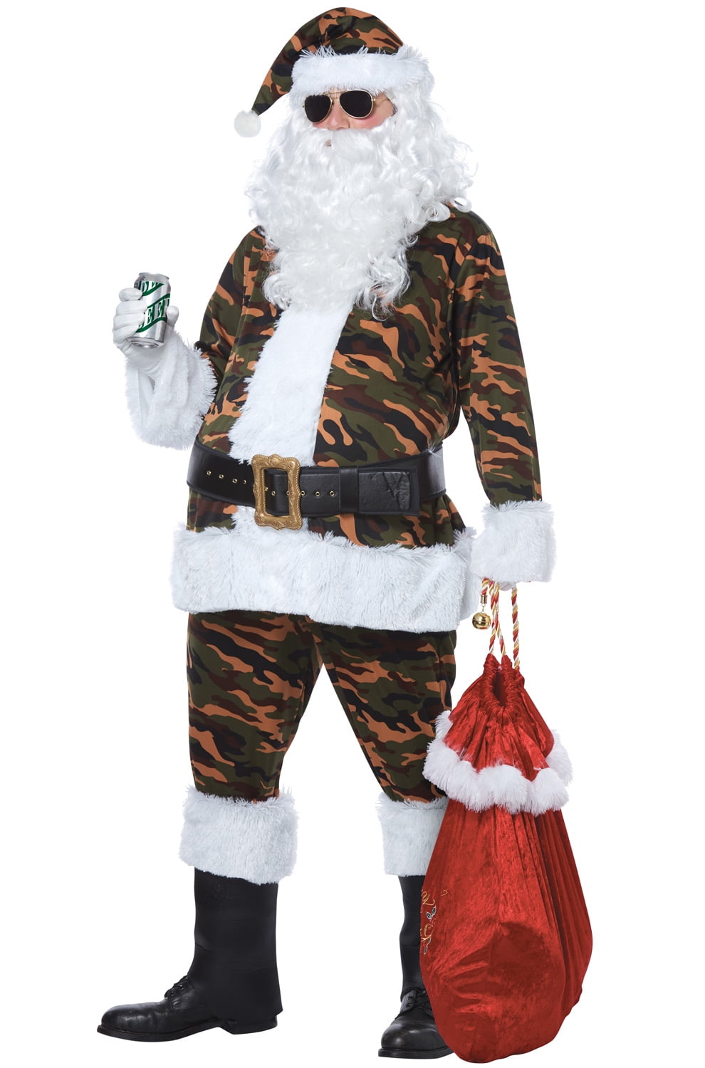 Camo Santa Adult Men Suit Halloween Costume Santa Suit Trim Fur Pant Belt Hat 