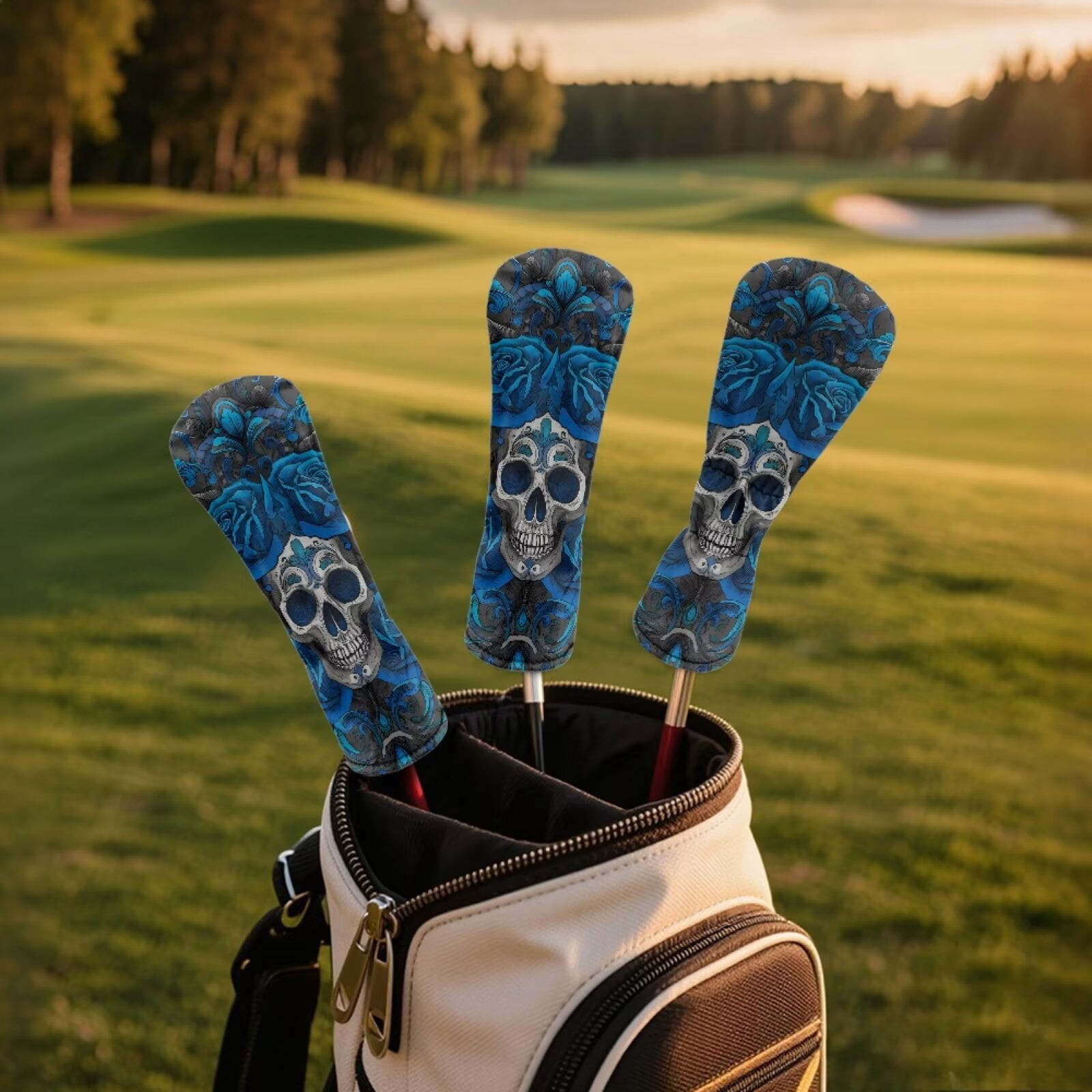 Uorisanigo Golf Club Headcover for Fairway Woods Driver Hybrids, Premium PU Leather 3-Pack Blue Ethnic Skull Golf Club Headcovers Set with Abrasion-Resistant Soft Lined Interior