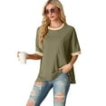 thumbnail image 4 of JWD Women's Top Short Sleeved T-Shirt Round Neck Casual Blouses Patchwork Split Hem Tee Top Army Green XL, 4 of 8