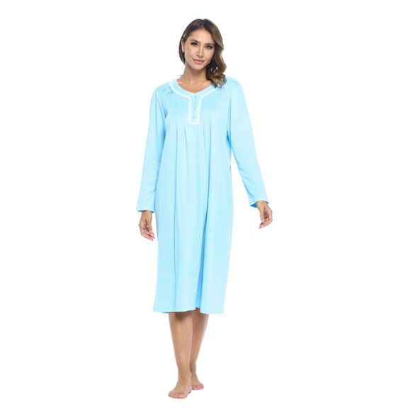 Casual Nights Women Long Sleeve Henley Nightgown, Cotton Blend House Dress with Floral Print, Relaxed Fit Sleepwear Lounge Dress, Ribbed Blue 2XL