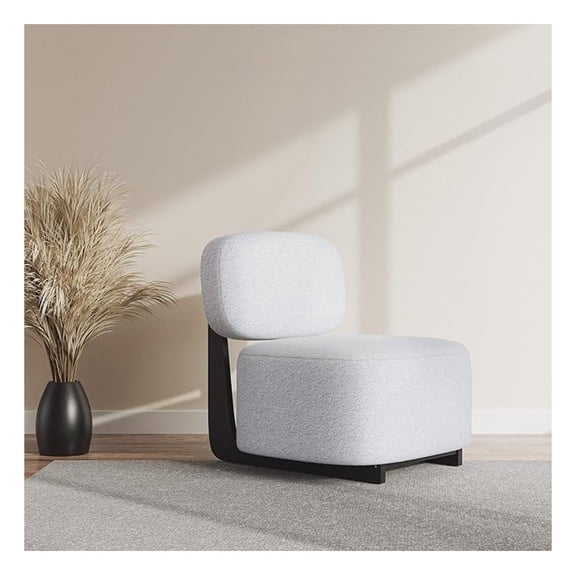 Modern Accent Chair with Rubber Wood Base, Upholstered Bouclé Soft Chair, Low-Profile Single Sofa Chair with Flat Backrest, Cozy Living Room or Bedroom Chair, White