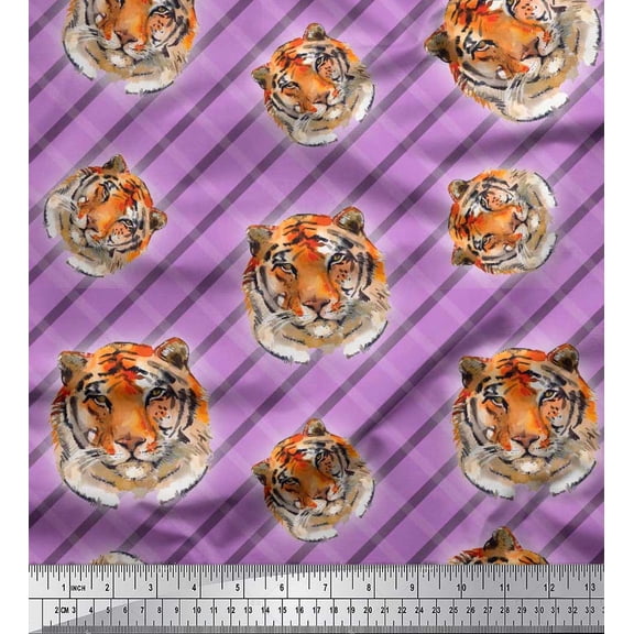 Soimoi Moss Georgette Fabric Check & Tiger Face Animal Print Fabric by the Yard 42 Inch Wide