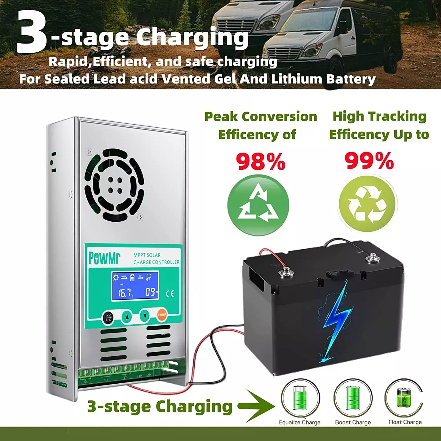 PowMr 60A MPPT Solar Charge Controller, 12V/24V/36/48VDC Input, LCD Display Solar Charge Controller Regulator For Flooded Lead-acid Vented Sealed Gel NiCd Lithium Battery
