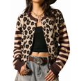 thumbnail image 2 of Womens Leopard Print Striped Patchwork Button Front Cropped Knit Cardigan Dark Brown S, 2 of 9