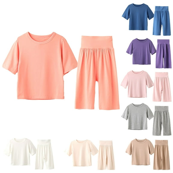 Agkizg Toddler Baby Boys and Girls Summer Pajama Sets,Sleepwear for Kids,Toddler Kids Boys Girls Fashion Cute Solid Color Soft Half Sleeve Top Pants Home Wear Suit Beige 2 Years