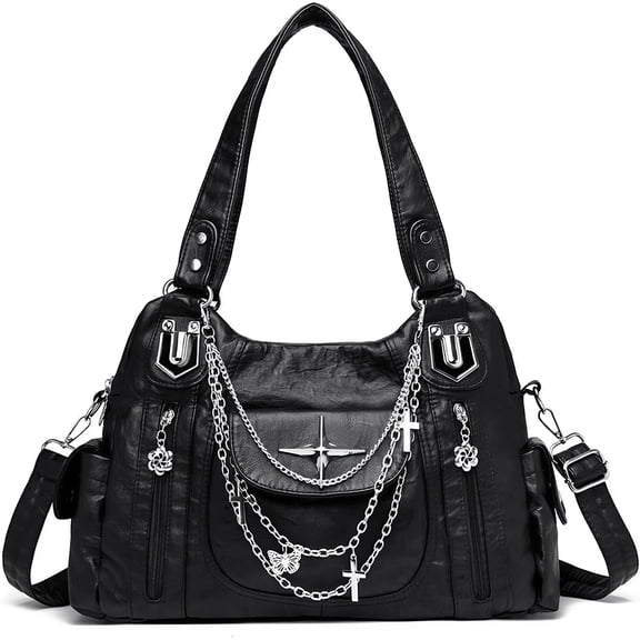 Sunyuer Vintage Distressed Chain Motorcycle Bag - Stylish, Large Capacity, Single Shoulder Handbag Tote Y2K Hobo Bag for Women