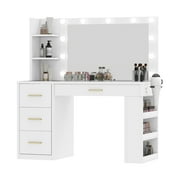 Uforic Makeup Vanity Desk with Mirror & Lights, Vanity Desk with 4 Drawers & Storage Shelves - White