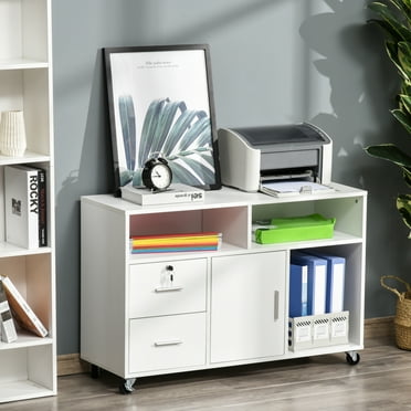 HOMCOM Printer Stand Home Office Mobile Storage Cabinet Organizer Desktop with Caster Wheels, 2 Locking Breaks and Drawer, White