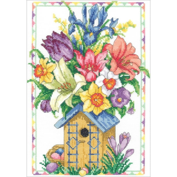 Janlynn Counted Cross Stitch Kit 9"X12"-Spring Birdhouse Bouquet (14 Count) - Walmart.com