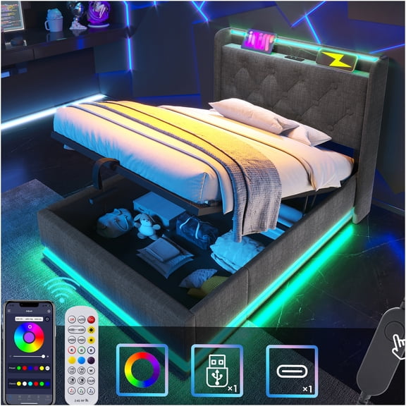 JERFIT Twin Size LED Upholstered Storage Bed with Hydraulic Lift, Remote Control, USB-C Charging, Gray Linen Fabric