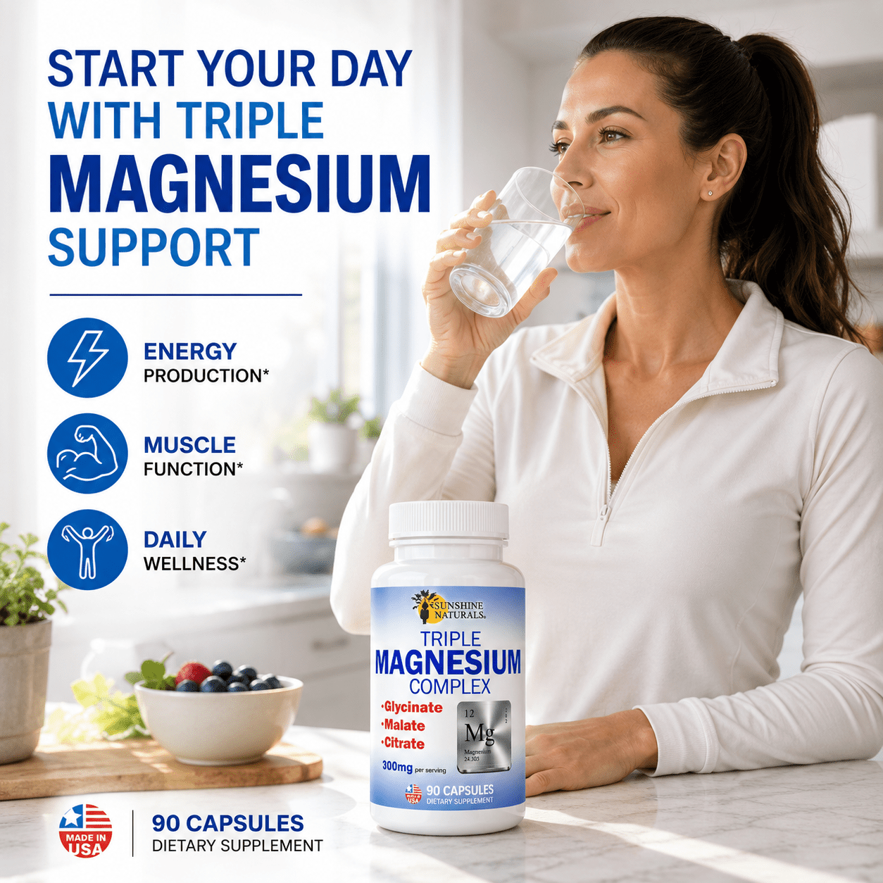 Sunshine Naturals Triple Magnesium Complex Dietary Supplement, Magnesium Glycinate, Malate & Citrate, High Absorption Magnesium for Muscle, Nerve & Energy Support, 90 Capsules