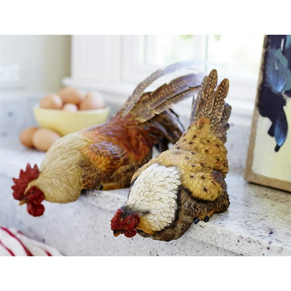 Hen Rooster Shelf Sitter (Set Of 2) 11"L, 16"L Polyresin, Metal