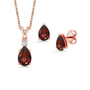 Gem Stone King 3.01 Ct Red Garnet 18K Rose Gold Plated Silver Pendant with Chain Earrings Set