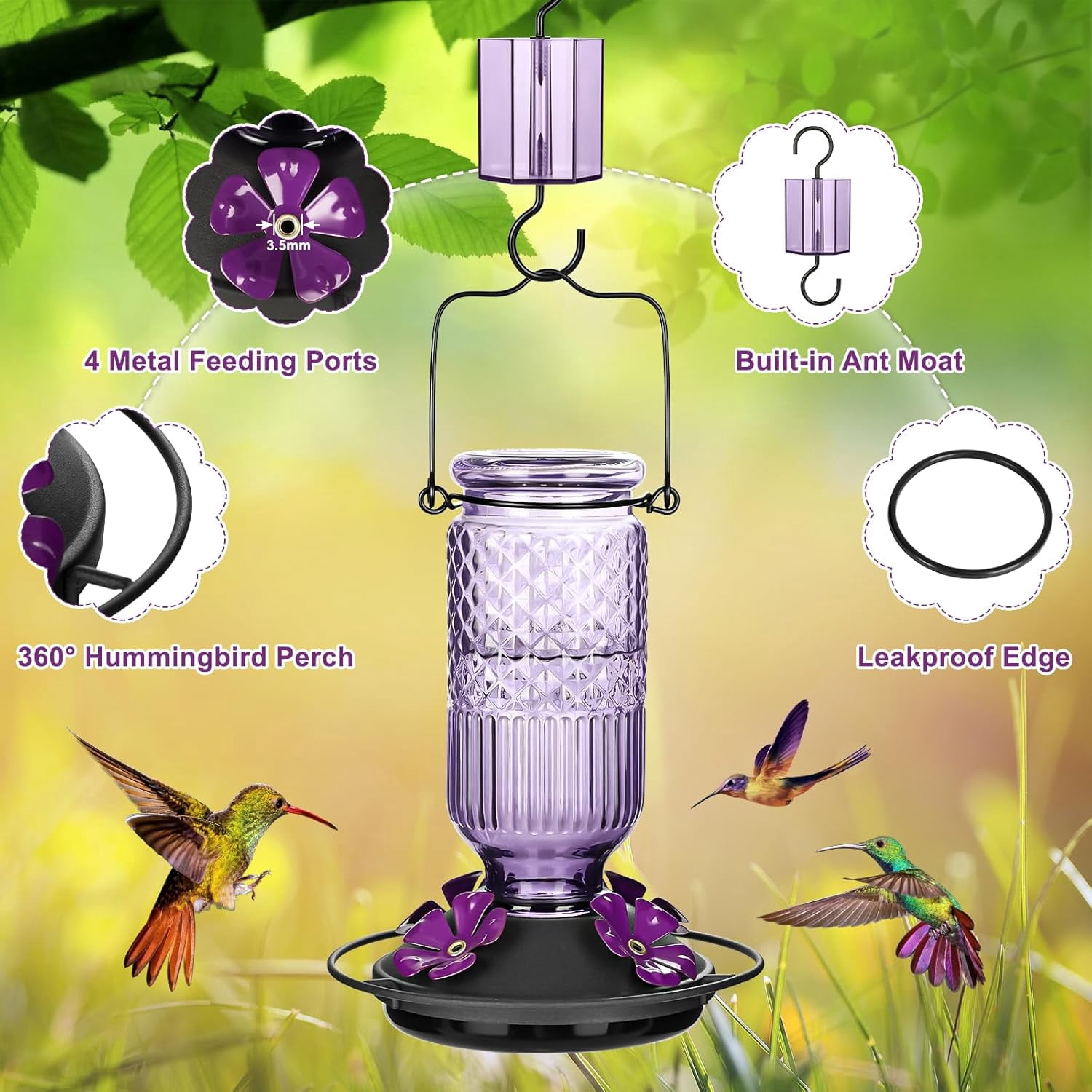 Glass Hummingbird Feeder 16 oz Hanging Outdoor Feeder with Bee-Proof Ports, Ant Moat, Leakproof, Easy to Clean & Refill, 360° Perch, Purple