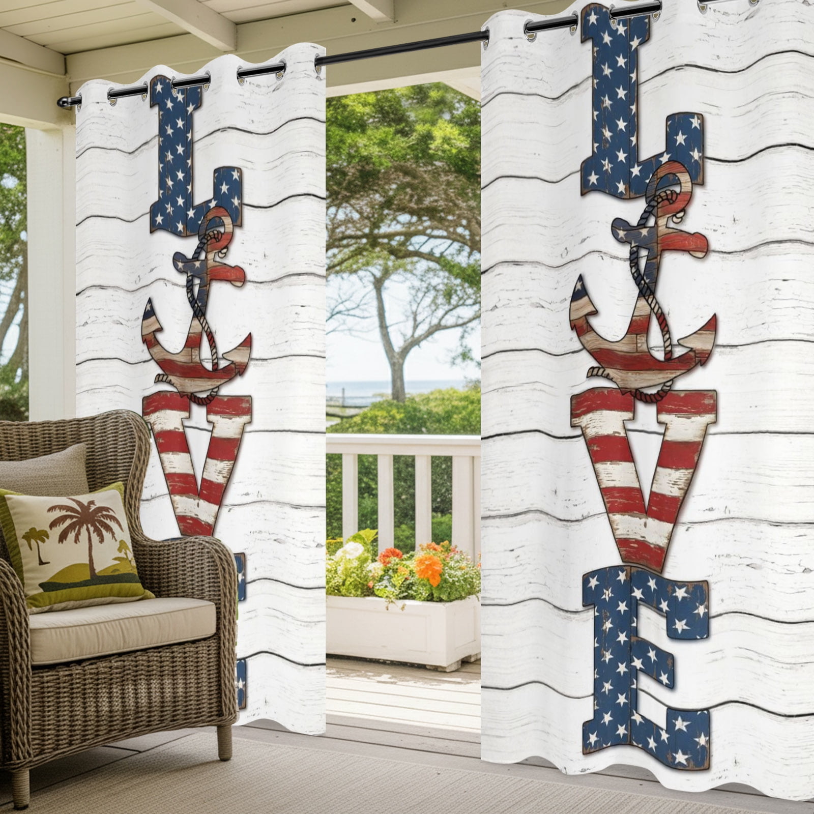 Rustic Love Outdoor Curtains for Patio, Windmill Stars Stripes Wood Grain USA Flag Sunshade Privacy Drapes Grommet Waterproof Outside Curtains for Porch/Cabana/Balcony 54"x 108", 1 Panel
