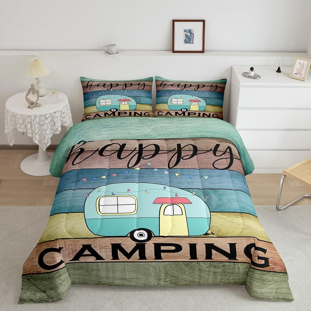 YST Happy Camping Bedding Set Camper Car Comforter Set Queen for Kids