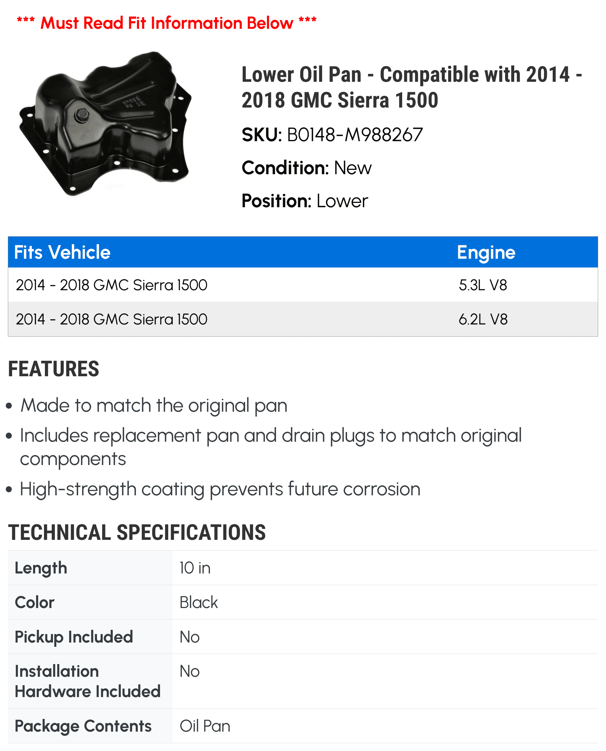 Lower Oil Pan - Compatible with 2014 - 2018 GMC Sierra 1500 - Dorman
