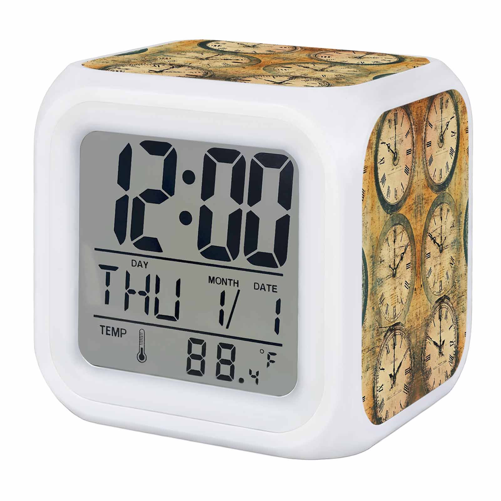 Retro Clocks Alarm Clock, Hand Painted Vintage Digital Clock Night Light with 7 Color, Calendar Temperature Display, LED Desk Small Clock for Bedrooms Bedside Living Room