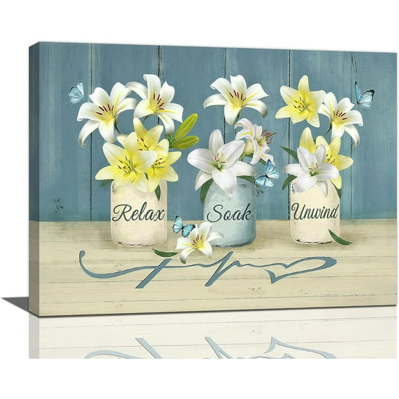 Farmhouse Lily Flower Bathroom Decor Wall Art Rustic Floral Butterfly Heart Pictures Wall Decor Relax Soak Unwind Bathroom Sign Canvas Painting Prints Artwork Decorations Framed for Bathroom 16"x12"