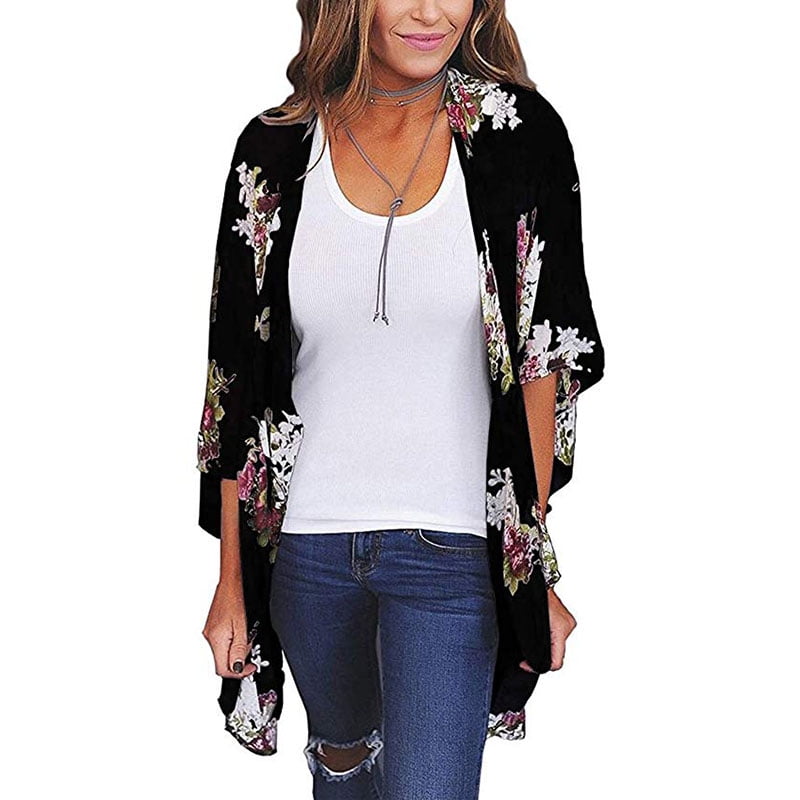 Womens Floral Chiffon Casual Cardigan Bikini Half Sleeve Kimono Shawl Sun Protection Blouses Beach Wear Cover ups
