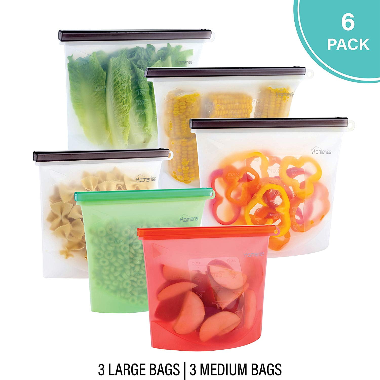 Reusable Silicone Food Storage Bags (3 x Large 3 x Medium) for Sandwich
