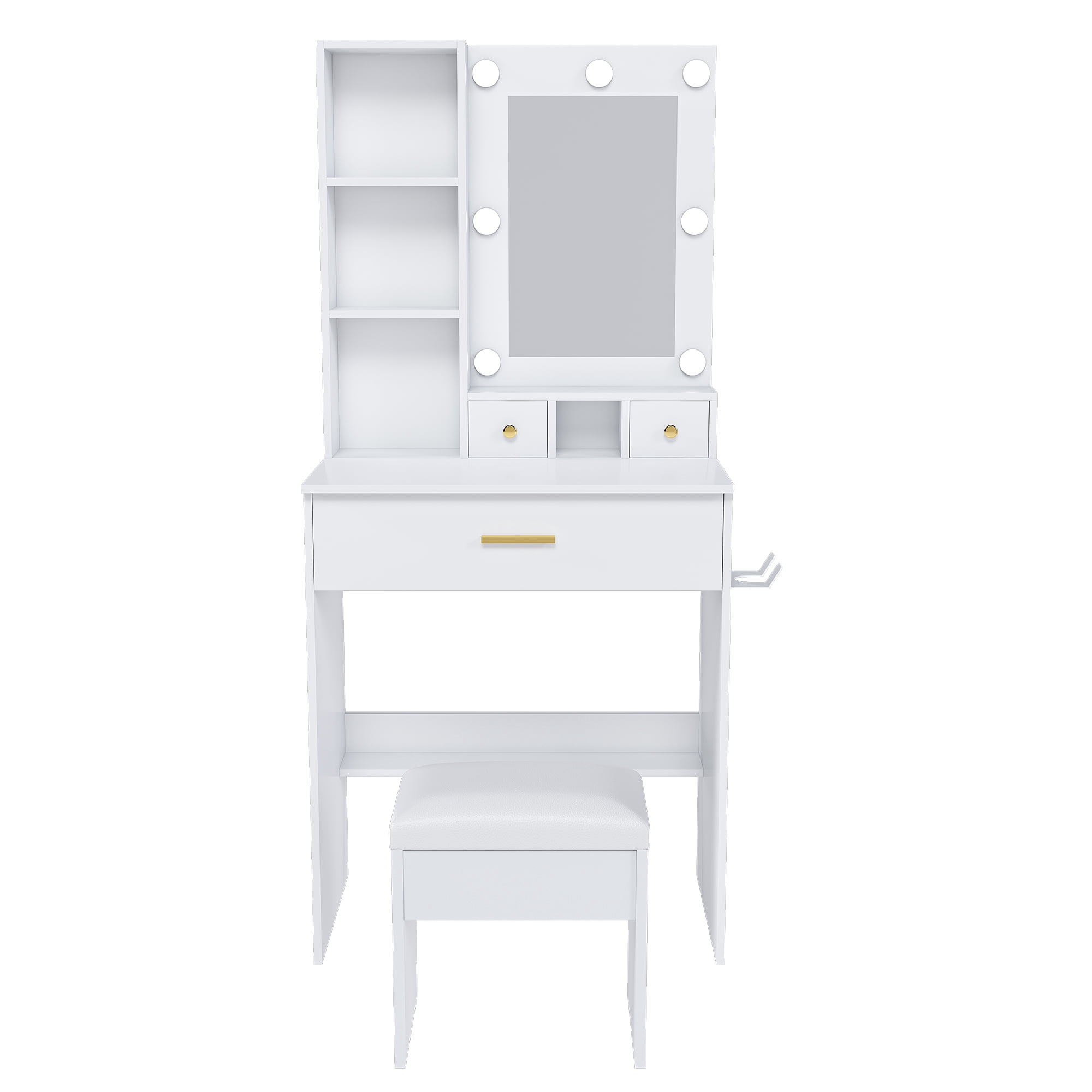 Compact Makeup Vanity Table with Adjustable LED Light Mirror, Built-in Power Outlet, Hairdryer Holder & Padded Stool, Multi Drawer Storage Dressing Table for Small Bedroom