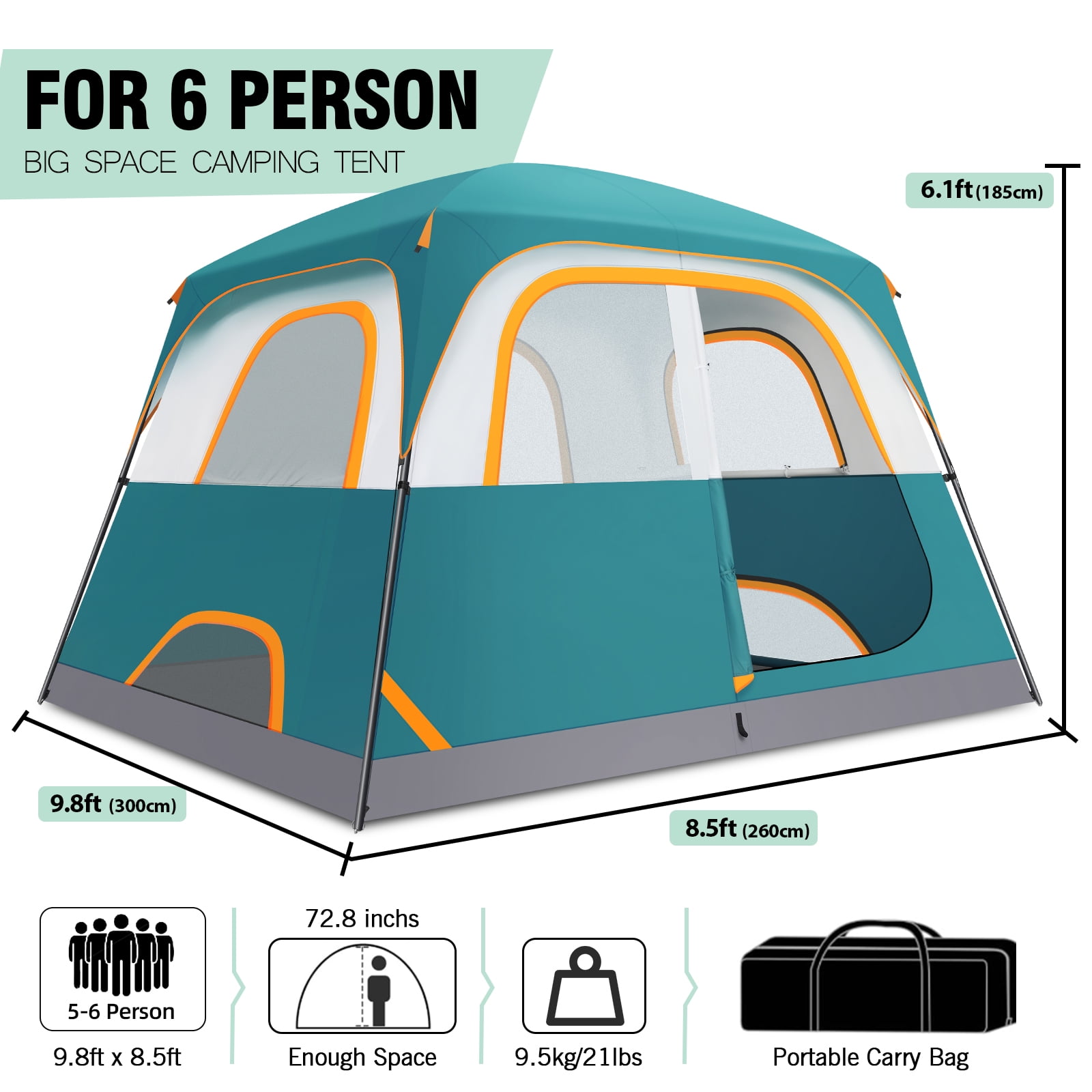 HOTEEL 6 Person Tent for Camping, Easy Setup Camping Tent with Rainfly & Screen Windows for Camping/Traveling/Family Gathering/Hiking/Beach, Dark Green